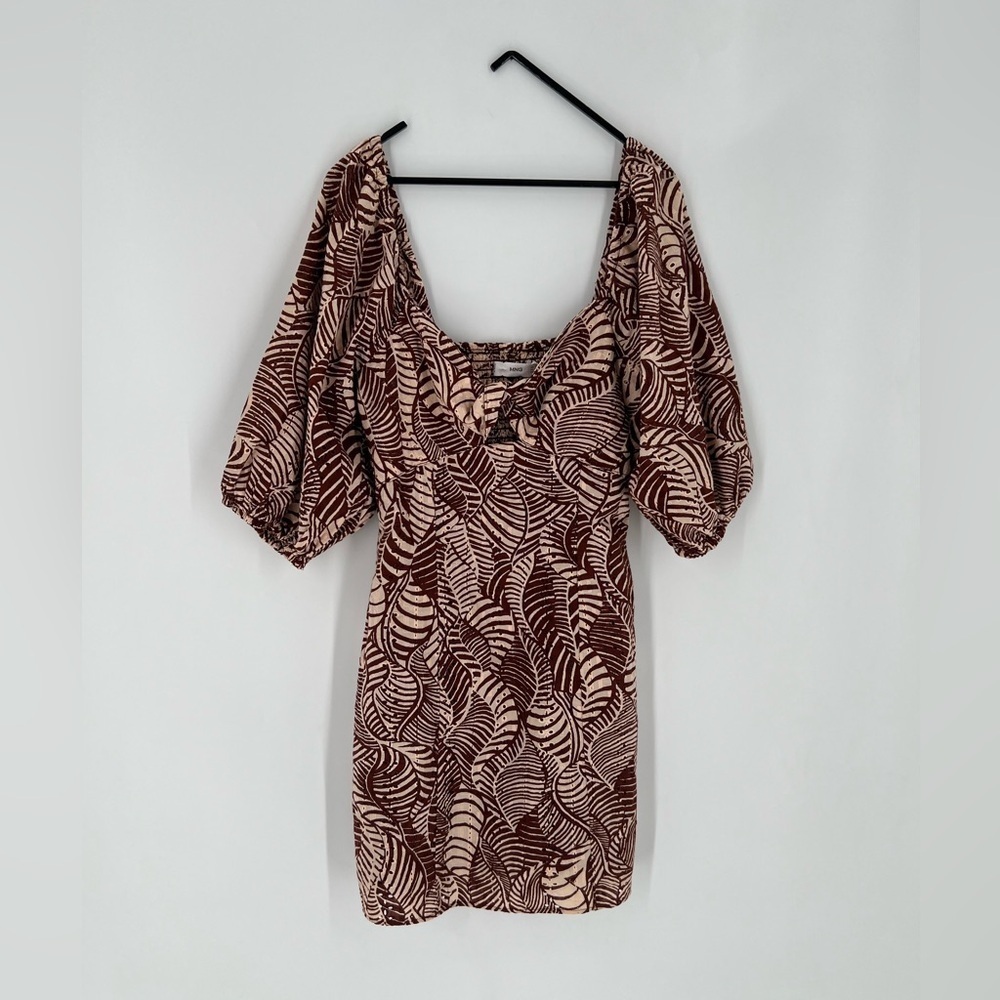 MNG Mango Palm Print Eyelet Balloon Sleeve Mini Dress